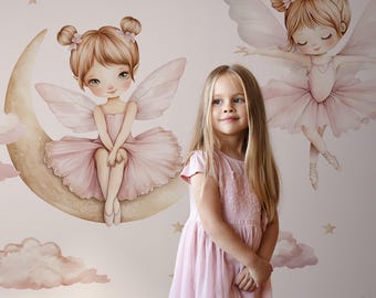 May include: A young girl in a pink dress stands in front of a wall mural featuring two fairy illustrations. The fairies are depicted with pink tutus, wings, and are set against a backdrop of a moon, clouds, and stars.