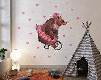 Süßer Ballerina Teddybär auf einem Fahrrad • Wandtattoo für Kinder • Aquarell rosa Herz Aufkleber