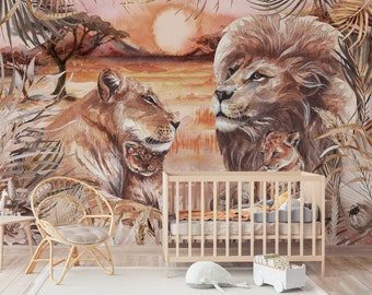 LION FAMILY WALLPAPER, Wild African Animals, Child's Wallpaper, Boho African Savannah, Hand Painted Watercolor,