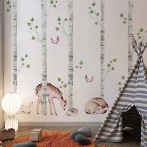 Birch Trees and deer Wall Decal • Forest Animal • bird decal • Woodland Watercolor Wall Tree Decals