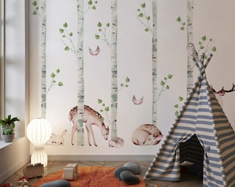 Birch Trees and deer Wall Decal • Forest Animal • bird decal • Woodland Watercolor Wall Tree Decals