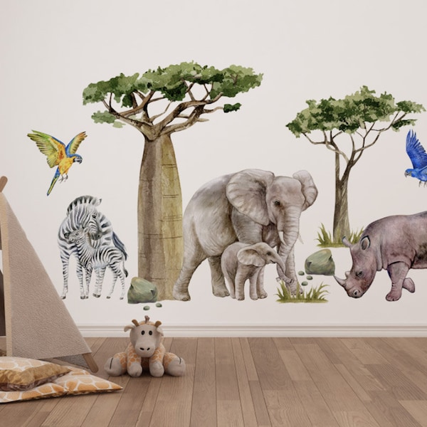 Safari Tiere Wandtattoo, Tier Set Aufkleber, Elefanten Wandaufkleber