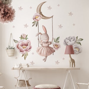 Cute Bunny Wall Decal, Bunny On Swing Wall Sticker, Peony Wall Decal, Stars Wall Decal, Girl's Room Decoration, Wall Sticker For a Girl