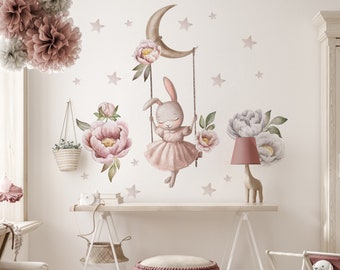 Autocollant mural lapin mignon, autocollant mural lapin sur balançoire, autocollant mural pivoine, autocollant mural étoiles, décoration de chambre de fille, autocollant mural pour une fille