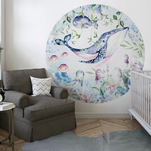 underwater ocean wall stickers for children - Circle, round sticker  with a whale and marine animals, watercolor style sticker