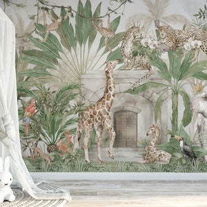 Carta da parati Jungle Paradise, animali della giungla, carta da parati per bambini, giraffe e scimmie, acquerello fatto a mano.