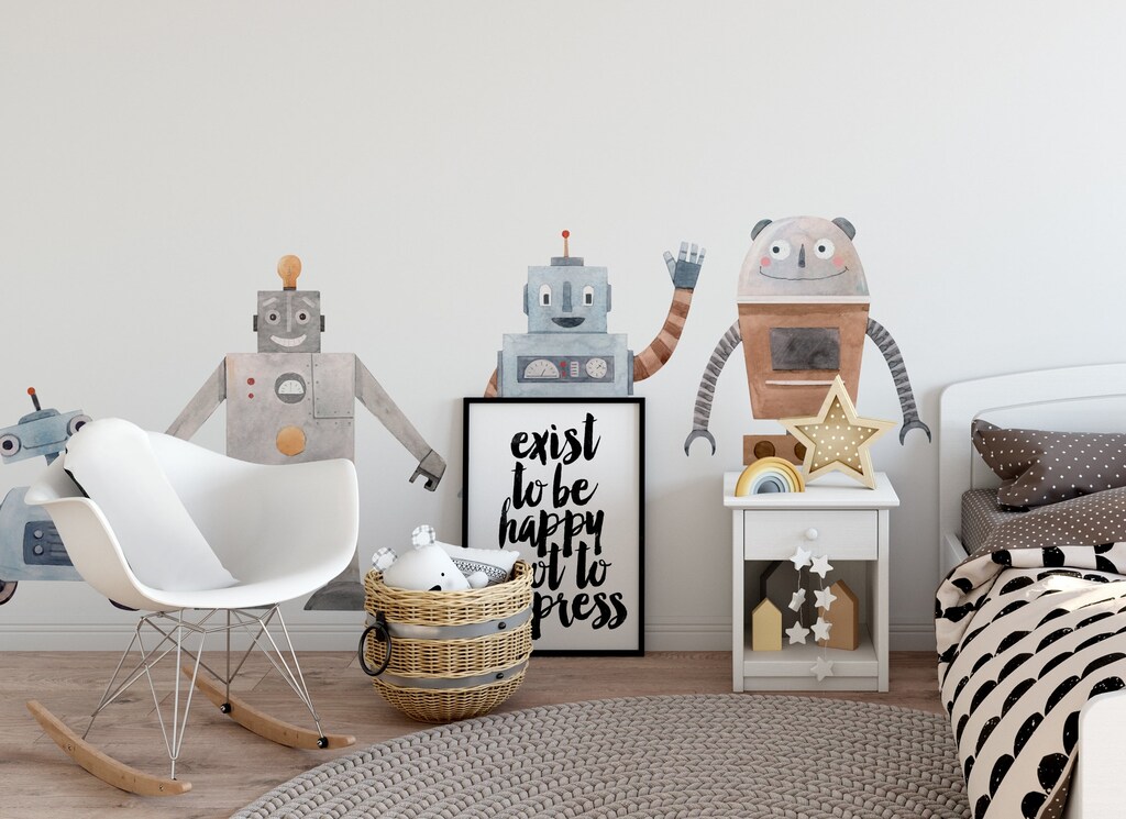 PLIGREAT – 23 Adesivi Murali Fai-da-te Con Robot Divertenti E Colorati, Formato Grande 90x29 Cm, In Vinile Rimovibile, Per Camerette, Sale Giochi, Asili, Decorazioni A Tema Cartoon