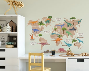 Autocollant mural éducatif de carte du monde de dinosaures pour enfants, autocollants muraux à décoller et à coller