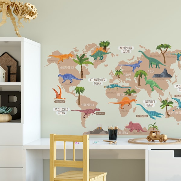 Educational Dinosaur World Map Wall Decal for Kids Room with Forest Animals