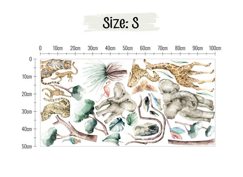 Autocollants muraux Safari Jungle Autocollant mural esprit savane : animaux, décoration de chambre d'enfant pour enfants Size S: 50x100 cm