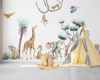 Ensemble d'autocollants muraux animaux de la jungle pour chambre d'enfant, décoration d'autocollants muraux pour chambre de bébé, ensemble XXL