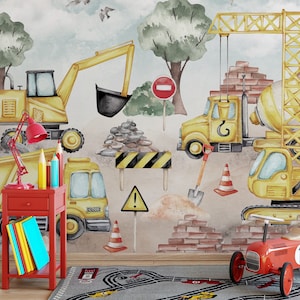 MACCHINE EDILI, Carta da parati murale per bambini, Grandi macchinari edili, Carta da parati con escavatore, Acquerello dipinto a mano