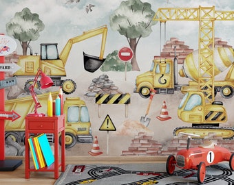 CONSTRUCTION MACHINERY,  Children's Wall Mural, Big Construction Machinery, Wallpaper With Excavator, Hand Painted Watercolor