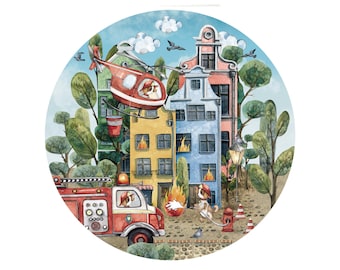 Round Wall Sticker &quot;City in Flames&quot; with Dogs Extinguishing Fire for Kids Room