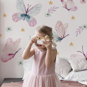 Adesivo murale a forma di farfalla per bambini, adesivi a forma di stella acquerellata, decorazione per la cameretta delle bambine