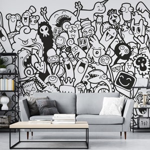 Wallpaper Doodle Art MONSTER, Tapete für Jungen, Doodle Art Wandbild, Tapete Hand zeichnen Effekt