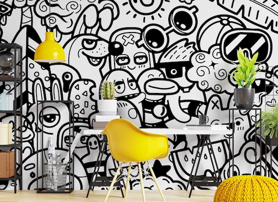 Doodle Art Wallpaper: Hand-drawn Style Mural, Boys Room Decor - Etsy