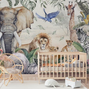 Carta da parati con animali della giungla, carta da parati per bambini, animali selvatici, carta da parati con elefanti, animali colorati, acquerello.