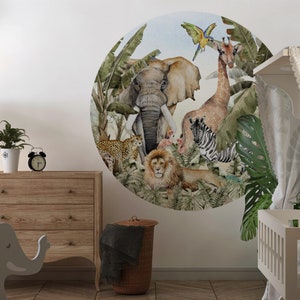 Adesivo da parete rotondo con animali della giungla, regalo di compleanno per bambini, decorazione da parete con animali della giungla