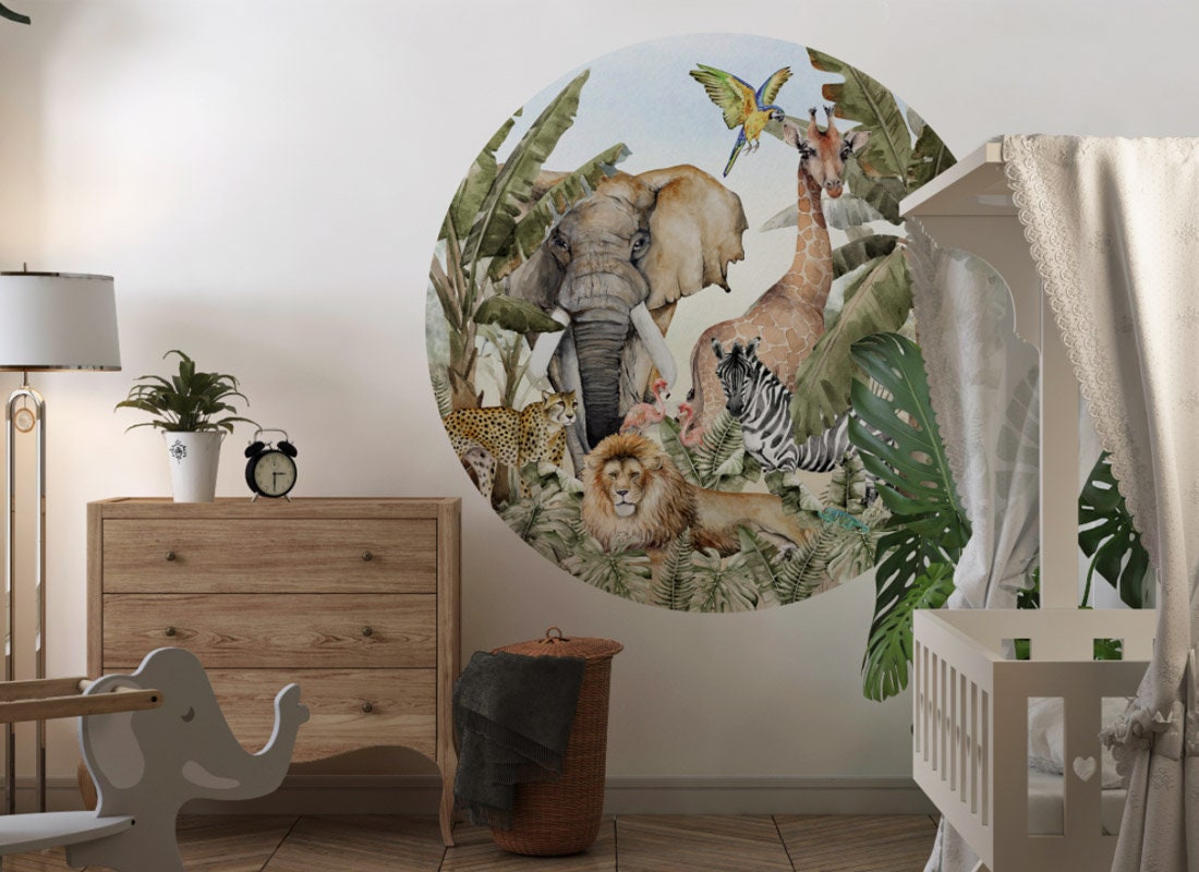 Round Wall Sticker with Jungle Animals, Birthday Gift for Babies, Wall Decor with Jungle Animals
