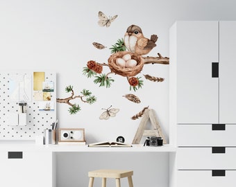 Calcomanía de guardería para niños con pájaros • Pegatinas de acuarela Aves • Calcomanía de pared de acuarela de bosque • boho • Calcomanías de guardería