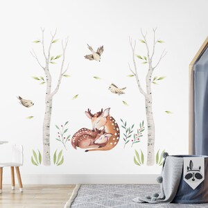 Birch Trees and deer Wall Decal Forest Animal bird decal Woodland Watercolor Wall Tree Decals image 2