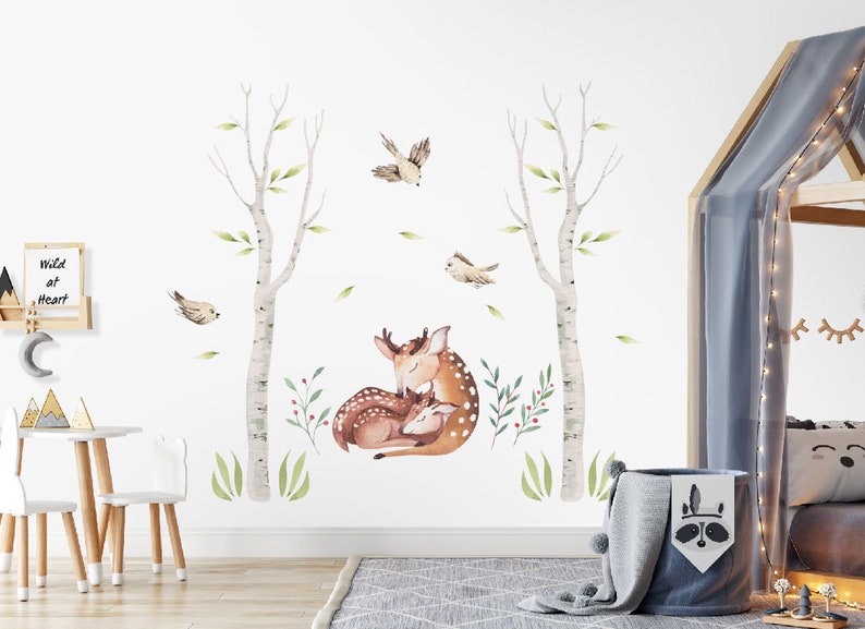 Birch Trees and deer Wall Decal Forest Animal bird decal Woodland Watercolor Wall Tree Decals image 2