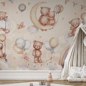 Teddy Bear Wallpaper, Kids Wallpaper, Teddy Bears In The Clouds, Stars And Colorful Balloons, Watercolor