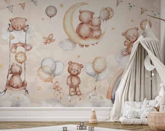 Teddy Bear Wallpaper: Watercolor Bears, Clouds & Balloons