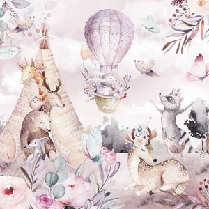 Animali colorati, carta da parati BOHO MELODY, carta da parati per bambini, tema boho, animali boho, fiori e farfalle, acquerello dipinto a mano