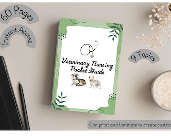 May include: A green and white pocket guide with the title "Veterinary Nursing Pocket Guide" and an illustration of a cat and dog. The guide has 60 pages and covers 9 topics. It can be printed and laminated to create posters.