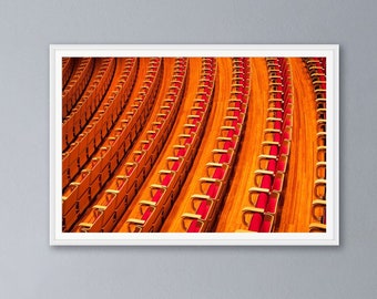 Sydney Opera House, interior architecture, orange, abstract detail, photography, auditorium seating,  wall art, home decor, horizontal print