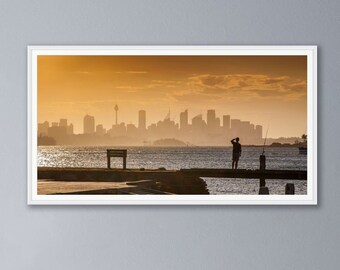 Sydney, photographie de voyage, paysage urbain, orange, coucher de soleil, Australie, art mural, décor à la maison, impression horizontale, ligne d'horizon, vue, panoramique