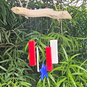 4th of July Wind Chimes ~ Patriotic Fused Glass ~ Memorial Day ~ Red, White & Blue ~ Driftwood