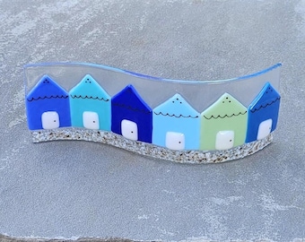 Fused Glass Beach Hut Suncatcher: Large Curved Summer Seaside Decor