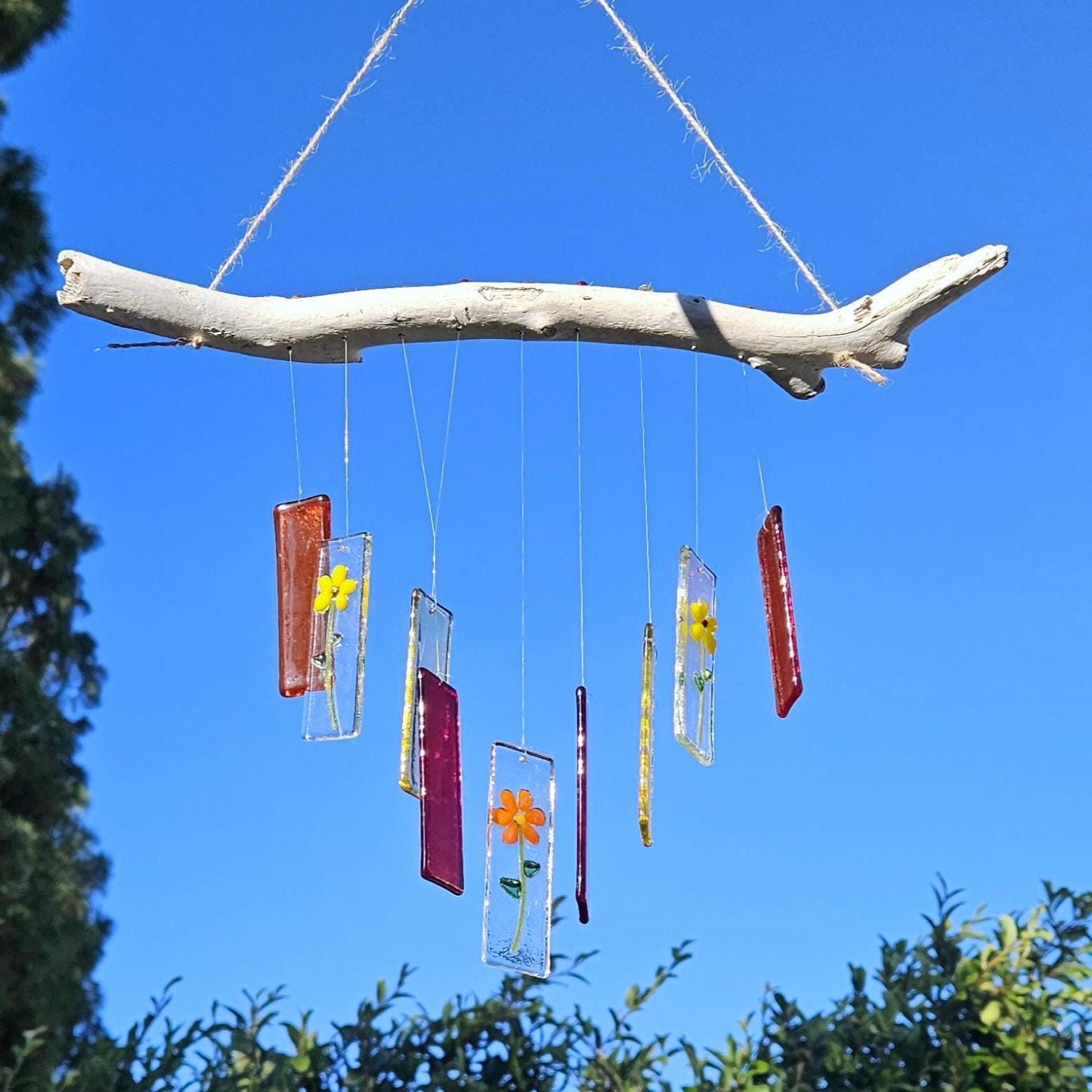 Spring Flower Wind Chimes ~ Butterfly Windchime ~ 5 Unique Fused Glass ...