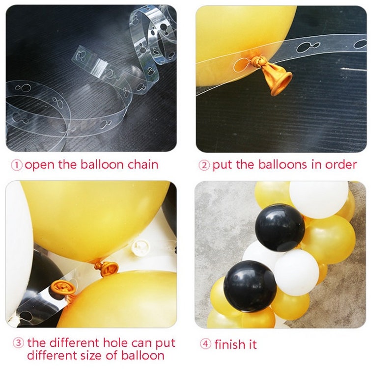 May include: A step-by-step guide on how to use a balloon chain to create a balloon arch. The images show how to open the chain, insert balloons of different sizes, and finish the arch. The balloons are black, white, and gold.