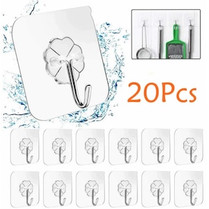 May include: A set of 20 clear plastic adhesive hooks with a silver metal hook. The hooks are designed to be mounted on a wall or other smooth surface.