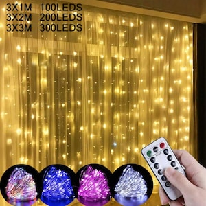 May include: A curtain of warm white LED string lights. The text in the image reads: 3X1M 100LEDs, 3X2M 200LEDs, 3X3M 300LEDs. The image also shows a remote control and four different colored light strands.