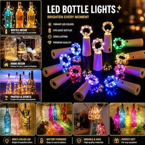 May include: LED bottle lights featuring cork-shaped battery packs with attached strings of glowing lights in various colours. The display shows multiple units illuminating glass bottles, jars, and decorative arrangements in diverse settings.
