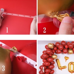 May include: A step-by-step guide on how to use a clear balloon arch kit to create a balloon arch. The kit includes a clear tape with holes for attaching balloons. The first step shows the tape, the second step shows a balloon being attached to the tape, the third step shows a balloon arch being created, and the fourth step shows a completed balloon arch with gold balloons and red balloons.