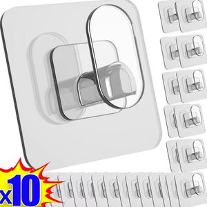 May include: A pack of 10 clear plastic adhesive hooks. The hooks are designed to be mounted on a wall or other smooth surface. They are ideal for hanging light items such as keys, towels, or jewellery.