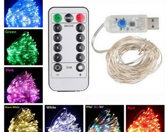 Fairy Lights USB Powered LED Copper Wire String Xmas Tree Party Remote Control Fun 2M 5M and 10M, White, Pink. Blue, Green Birthday New Year