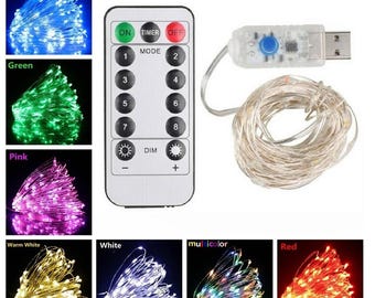 Guirnalda de luces LED de alambre de cobre con alimentación USB para árbol de Navidad, fiestas y más. Control remoto. Disponible en 2, 5 y 10 metros. Colores: blanco, rosa, azul y verde. Ideal para cumpleaños y Año Nuevo.