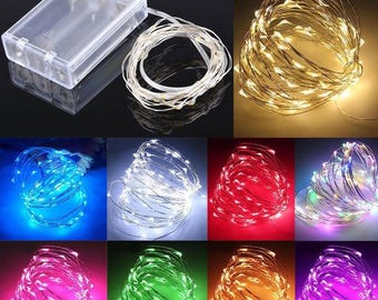 Guirnalda de luces LED de 10/100 LED con pilas AA, funciona con pilas, para Navidad, Año Nuevo, alambre de cobre, decoración para fiestas, 1 m, 3 m, 5 m, 10 m, azul, rosa, blanco y multicolor.