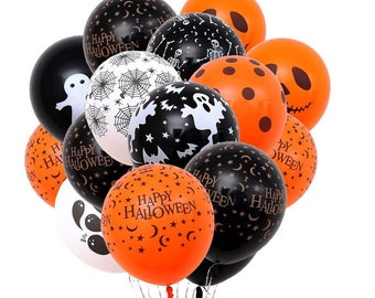 12" 10 x Halloween Balloons Black Orange Spooky Decorations Cobweb Pumpkin Party 12 inch