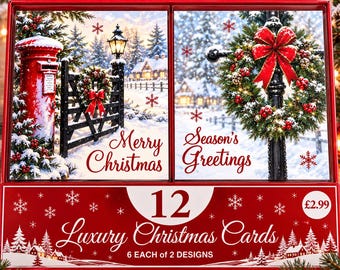May include: A box of 12 luxury Christmas cards featuring two winter scenes. One card shows a red post box and gate with the text Merry Christmas. The other shows a wreath on a lamp post with the text Season's Greetings. The box is red with white snowflakes.