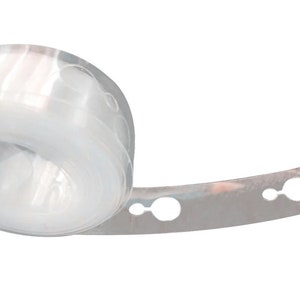 May include: A roll of clear balloon arch tape with holes for attaching balloons. The tape is rolled up and the end of the tape is visible with holes.