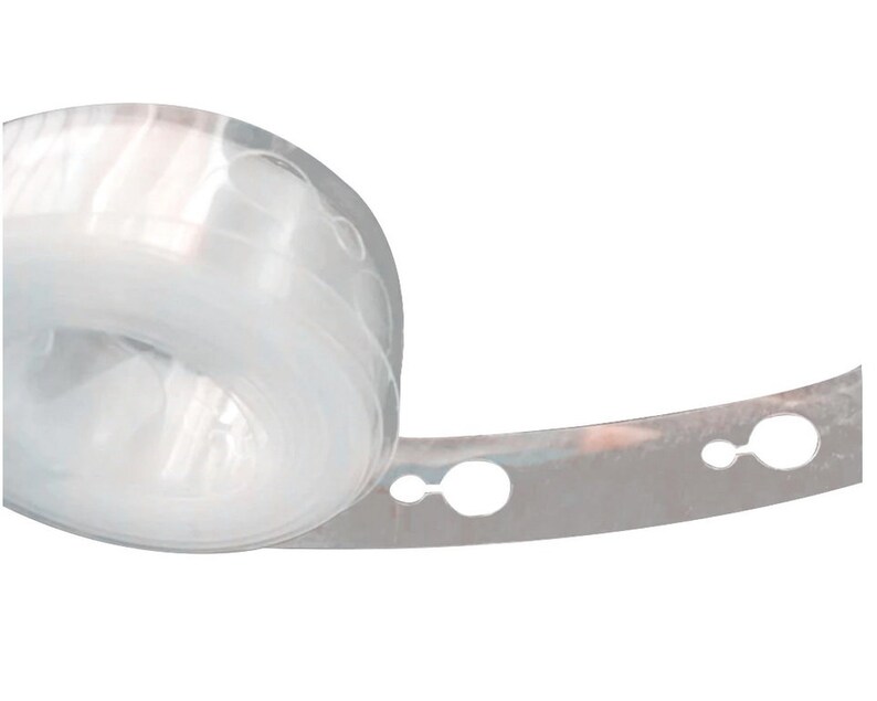 May include: A roll of clear balloon arch tape with holes for attaching balloons. The tape is rolled up and the end of the tape is visible with holes.