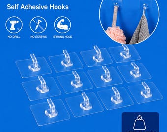 12 PCS Heavy Duty Self Adhesive Clear Hooks Clear Waterproof 15kg 33lb Plastic Strong Sticky Hook for Bathroom Kitchen Wall